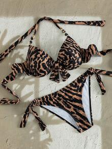 Swim Lushoire American Style Hot Girl Vintage Leopard Print Halter Neck Push-Up Top With Bow & Beaded Decoration, Back Tie & Side Tie Bikini Bottoms, Summer Vacation Music Festival Beach Party Niche Eye-Catching Hot & Relaxed Vibe Youthful Seaside Photo-Ready Island Holiday Outfit - Brown - View 6