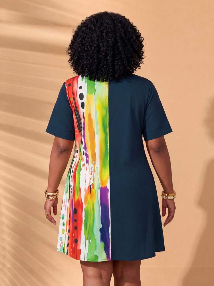 Plus Size Women's Brush Print Round Neck Short Sleeve Casual Dress