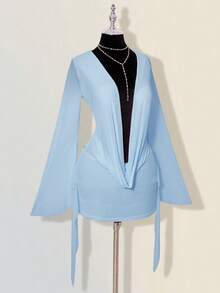 SHEIN ICON 性感寬鬆大碼披肩領網格拼接露背迷你洋裝 - 淺藍色 - 查看 7