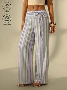 SHEIN PETITE 女款腰綁帶條紋直筒寬鬆休閒長褲，適合秋冬、嘻哈、舞蹈、運動等場合，適合嬌小女性 - 彩色 - 查看 6