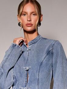 COSMINA Denim Women's Light Blue Single-Breasted Stand Collar Denim Jacket With Pockets, Suitable For Casual Retro, Commuting, Night Out, Chinese Style Date - Blue - View 6
