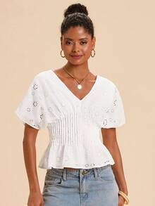 Travachic Women's Vacation Casual Romantic Solid Color Hollow Embroidery Batwing Sleeve Waist-Defining Top Vacation White Summer - White - View 7