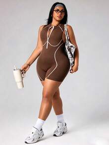 SHEIN Rhythm Era 女款大尺碼無縫咖啡棕色運動連身褲，無袖鏤空露背設計，戶外健身運動跑步瑜珈連身衣 - 咖啡棕 - 查看 4