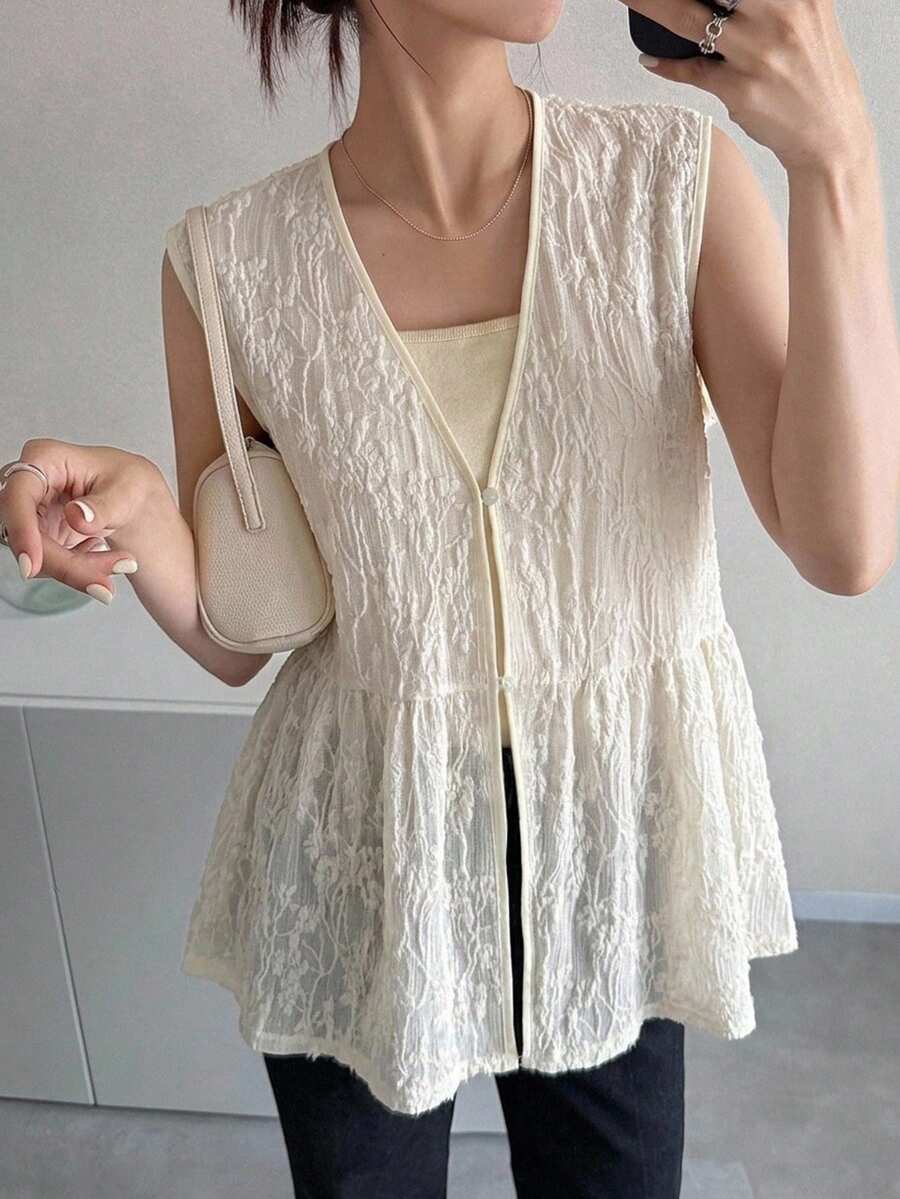 FRIFUL 女款V領紋理布料寬鬆無袖背心 常規版夏季外套 - 米色 - 查看 1