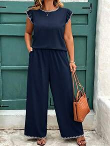 EMERY ROSE Casual Minimalist Plus Size Printed Two Pieces Set - Navy Blue - View 1