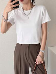 Dazy-Less Solid Color Short Sleeve T-Shirt Old Money Style Summer,Crop Tops Women Business Casual Woman Work Clothes - White - View 14