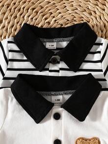 SHEIN 2piezas/Set Mono Infantil Casual Lindo con Cuello de Botones, Manga Corta, Estampado y Bloques de Color a Rayas - Blanco y Negro - Ver 7