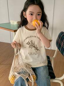 Dazy Kids 圓領套頭寬鬆印花撞色女童T恤 夏季 - 杏色 - 查看 3