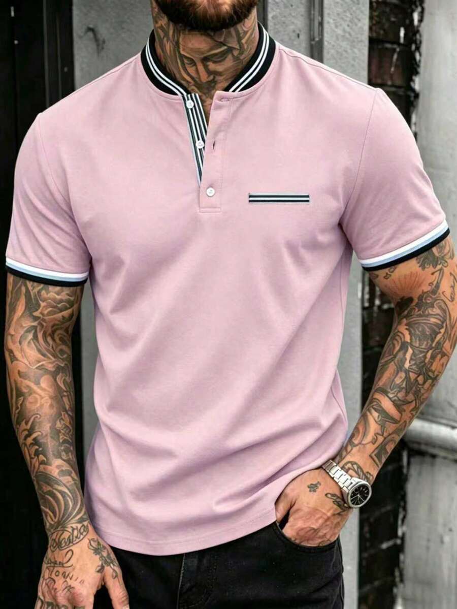 Manfinity Homme 男士對比飾邊休閒百搭日常出遊短袖POLO衫 - 粉色 - 查看 1