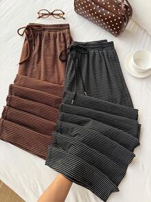 Comfortcana Pantalones holgados de cintura elástica con cordón y patrón a rayas, 2 piezas, talla grande, negro y marrón - Multicolor - Ver 1