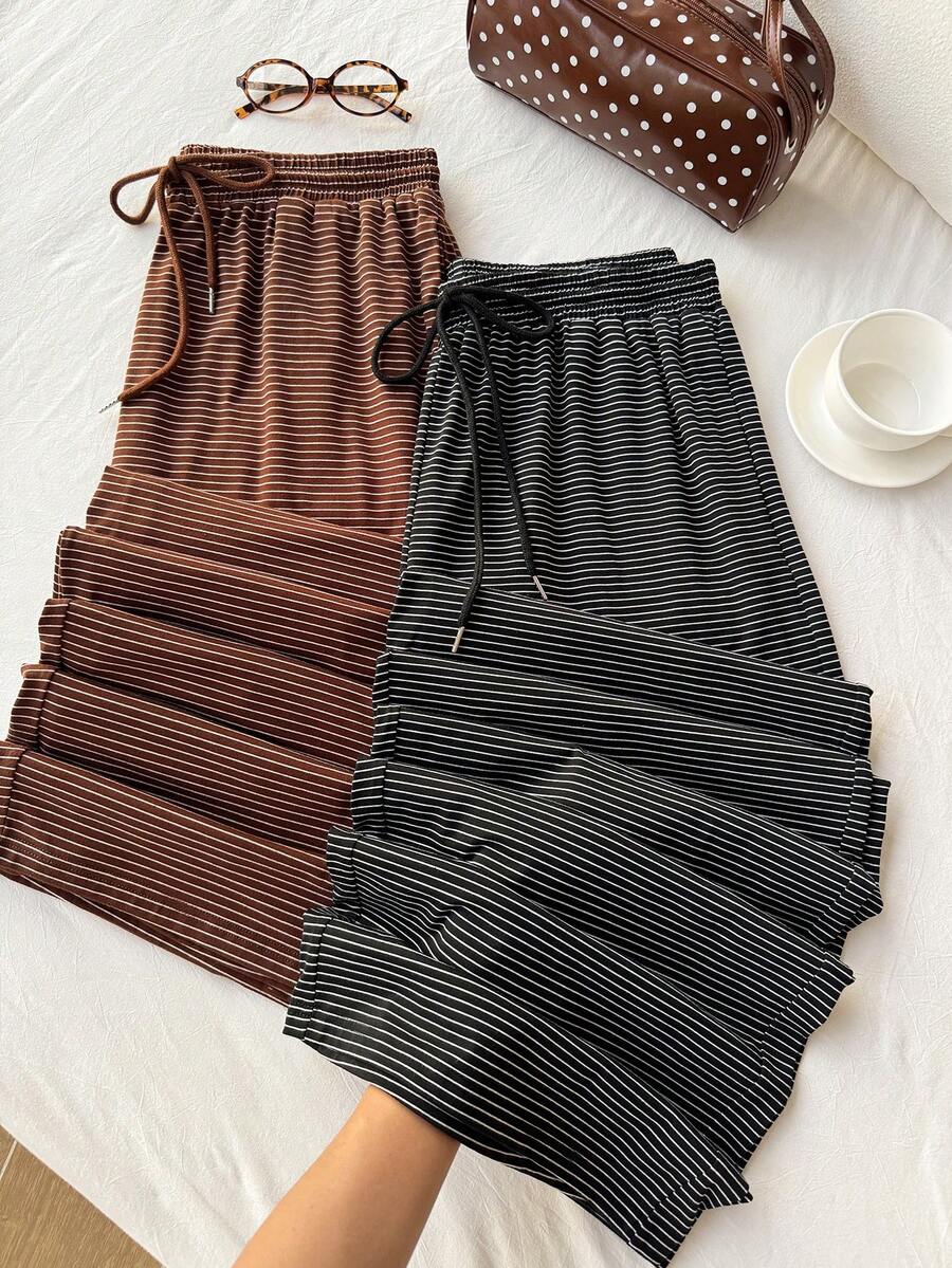 Comfortcana Pantalones holgados de cintura elástica con cordón y patrón a rayas, 2 piezas, talla grande, negro y marrón - Multicolor - Ver 1
