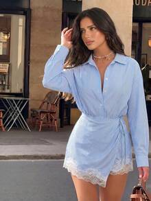 Firerie Women's Blue Striped Contrast Lace Hem Woven Mini Dress, Long Sleeve Wrap Mini Dress For Spring, Summer, Autumn, Winter, Casual, Beach Vacation, Sun Dress, Party, Date, Vacation, Work, Teacher - Blue and White - View 1