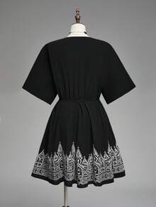 ROMWE Women's Dark Gothic V-Neck Castle Print Short Dress - Black - View 2