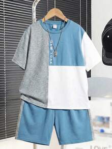 SHEIN 2pcs Kids Tween Boy Casual Contrast Color Crew Neck Short Sleeve T-Shirt And Shorts Set, Suitable For Commuting, School, Daily Casual Outings, Sports, Spring/Summer, Beach Vacation - Blue - View 4