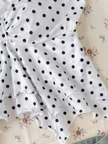 SHEIN 青少年女孩休閒簡約Y2K黑白圓點印花抓皺繫帶前襟T恤 - 黑與白 - 查看 3