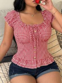 Sweetra Red & White Plaid Fitted Short Sleeve Cropped Shirt, Spring/Summer - Red and White - View 7