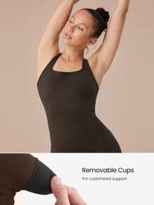 GLOWMODE 4.3" FeatherFit™-Air Sweat-Wicking Quick-Dry Tummy Control Corset Round-Neck Crossover Back Bodysuit Jumpsuit Romper With Side Pockets Low Impact Yoga Pilates Studio Daily Casual Wear Removable Cups - Brown - View 5