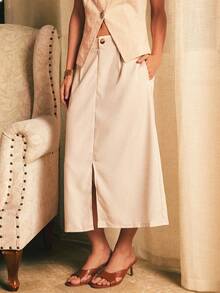 Écloséra Women's Summer Fashion Casual Khaki High Waist Straight Hem Split Commuter Skirt, Suitable For Casual Vacation Outfits - Khaki - View 3