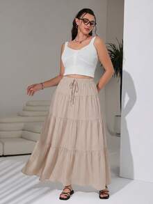 SHEIN EZwear Rok Midi Wanita Ukuran Plus Bergaris Model Ikat untuk Liburan Musim Gugur - Khaki - View 6