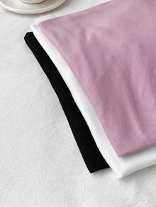 SHEIN EZwear Bộ 3 áo thun cổ chữ V mềm mại, màu trắng + đen + tím nhạt, cỡ lớn, dễ phối đồ cho mùa xuân và hè. - Bụi tím - Xem 5