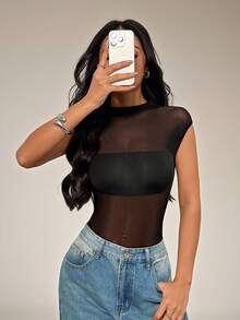 SHEIN PETITE Bodysuit không tay màu đen gợi cảm phối lưới xuyên thấu bất đối xứng, Bodysuit xuyên thấu gợi cảm màu đen - màu đen - Xem 4