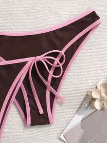 Swim Mod 2025 Women's New 3-Piece Set Spaghetti Strap Wire-Free Solid Color Shoulder Strap Separate Double Bikini Swimsuit - Brown - View 5