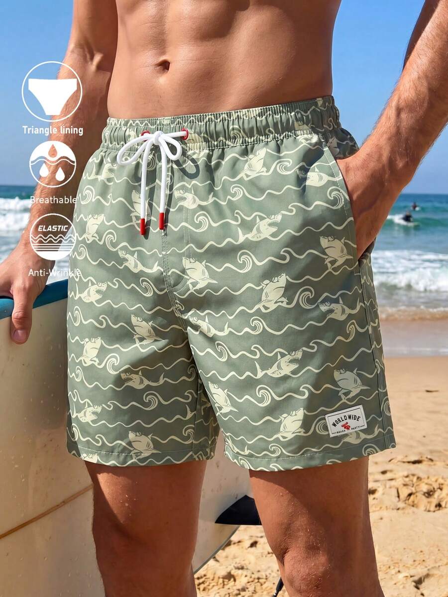 Manfinity Swimmode 男士夏季海灘印花休閒沙灘短褲 - 墨綠色 - 查看 1