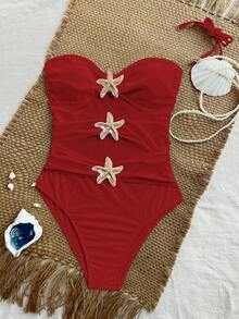 Swim Chiccia 2026 Spring/Summer Red Detachable Spaghetti Strap Hollow-Out Gold Starfish Design Elegant One-Piece Swimsuit For Women - Red - View 7