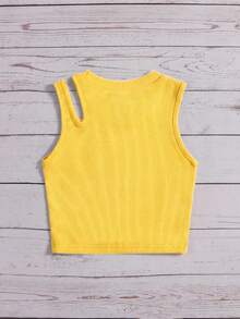 SHEIN Young Girl Solid Color Knit Round Neck Casual Tank Top - Yellow - View 2
