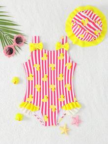 SHEIN Bañador de una pieza para niña bebé con estampado de dibujos animados a rayas, lazo y volantes - Amarillo - Ver 5