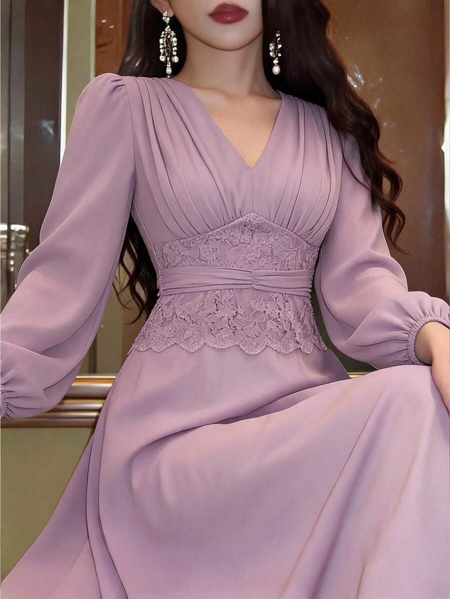 Feyla 女士纯色V领褶皱休闲派对中长连衣裙 - 粉色 - 查看 1