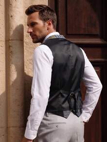 Officeau Chaleco de hombre estilo Old Money azul con patchwork y contraste de color, para negocios formal/noche - Azul - Ver 2