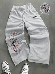 PAVTROS Men's Floral Embroidery Drawstring Waist Loose Casual Sweatpants Wide Leg - Grey - View 2