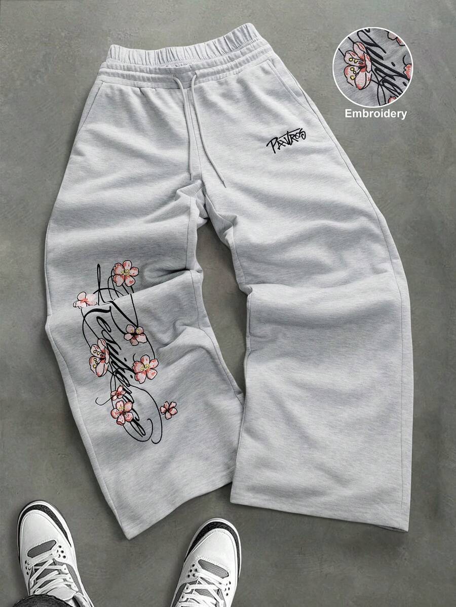 PAVTROS Men's Floral Embroidery Drawstring Waist Loose Casual Sweatpants Wide Leg