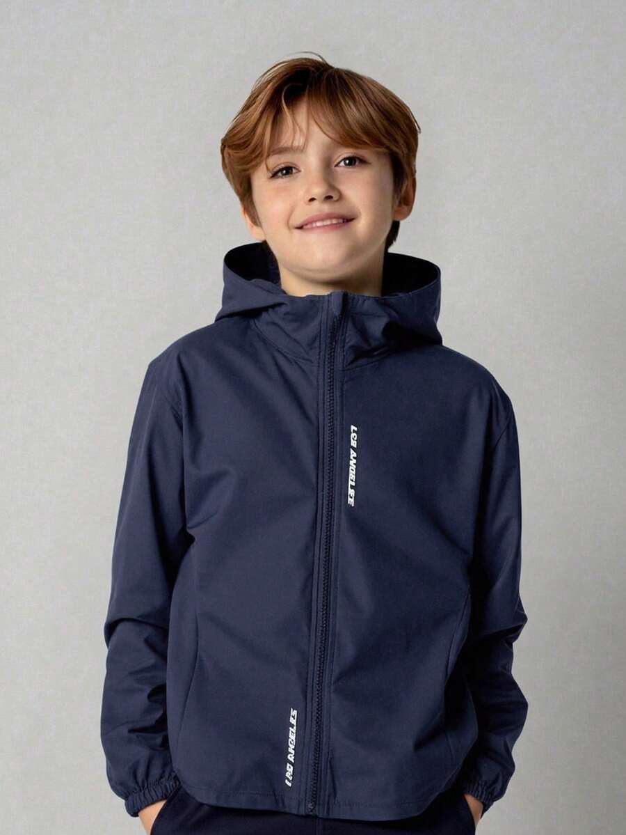 SHEIN 兒童青少年男孩休閒日常百搭舒適字母印花連帽寬鬆長袖輕便梭織秋冬夾克 - 藏蓝色 - 查看 1