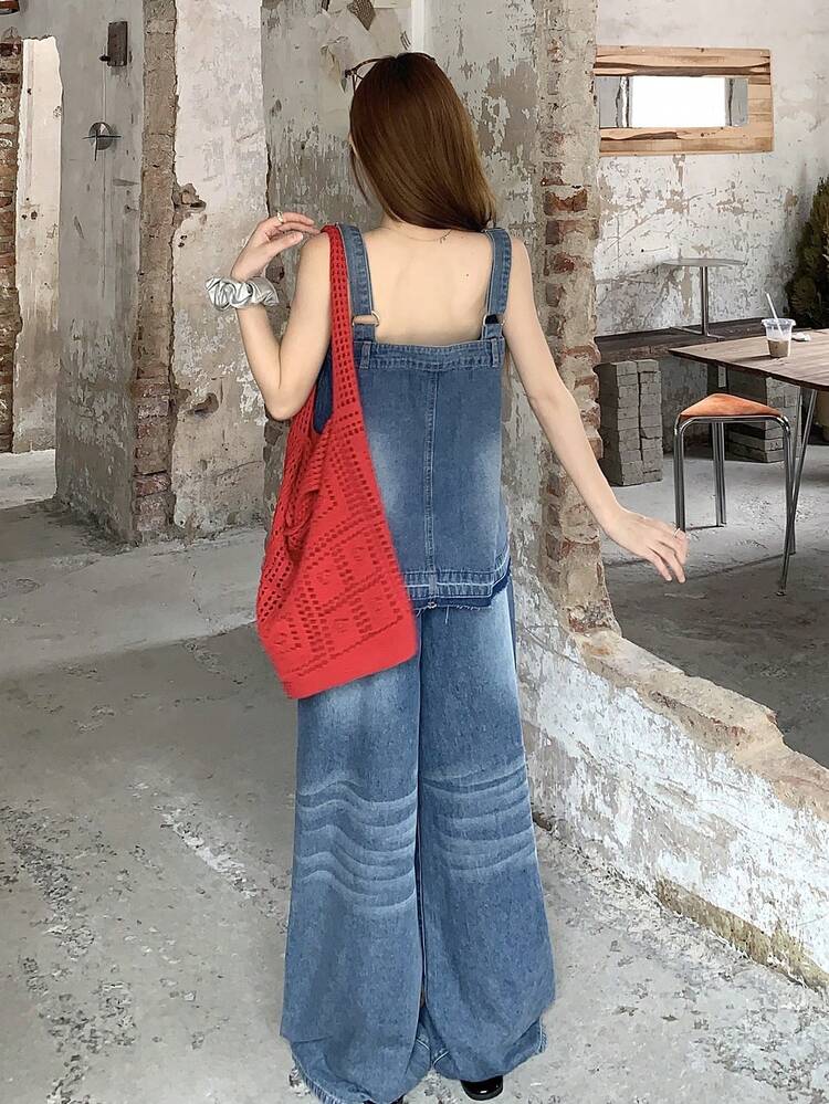 Women's Washed Button-Up Fashion Vest And Pocket Loose Long Pants Denim Set