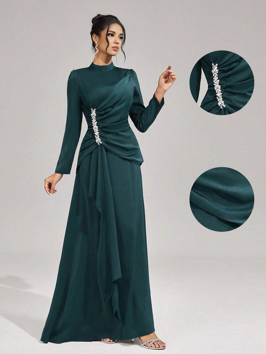 Coutiva 新款优雅修身长袖礼服,秋冬派对伴娘服,婚礼宾客服,晚礼服,长袍 - 墨綠色 - 查看 1