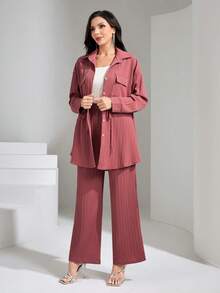 Graceveil Conjunto de 2 piezas con camisa de bolsillo con solapa y cintura con cordón & pantalones de pierna ancha, estilo modesto - Rosa Oxidada - Ver 7