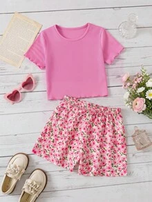 Cozy Pixies Conjunto de 2 piezas de camiseta de punto de manga corta y pantalones cortos con cuello redondo, estampado floral ditsy rosa, para uso casual y vacaciones, adecuado para uso diario y vacaciones en la playa, para niñas jóvenes - Rosa - Ver 4