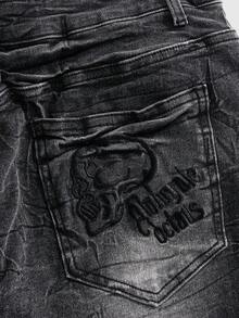 ROMWE Grunge Punk Y2K 2000年代辣妹風骷髏刺繡十字鉚釘超低腰大尺碼女款牛仔迷你裙 灰色 夏季 萬聖節 演唱會 - 黑色 - 查看 4