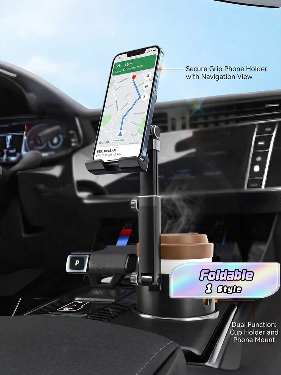 2-In-1 Adjustable Car Cup Holder Mount For Smartphones And Tablets – 360° Rotatable, Foldable, Universal Fit, ABS Material, Dashboard Installation, Hands-Free Navigation For All Devices, Car Accessories Compatible With IPhone, Android Phone, Gift For Birthday, Family, Friends Car Phone Holder - Black - View 1