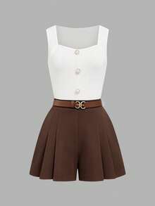 Elenzga Women's Vacation Faux Pearl Button Vest And Pleated Shorts 2-Piece Set - Brown - View 3