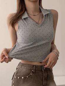 DAZY 女款 V 領羅紋波點修身短版背心上衣 夏季 - 灰色 - 查看 6