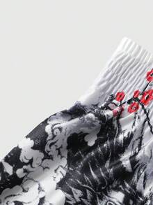 ROMWE MEN Anime Men's Summer Japanese Style Print Japanese Lettering Elastic Waist Shorts - White - View 4