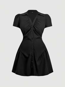 SHEIN MOD Plus Size Women's Solid Color Short Petal Sleeve Single Breasted Casual Short Dress - Black - View 3