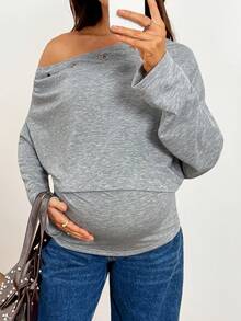 SHEIN Maternity Solid Color Asymmetric Shoulder Eyelet Button Decor Casual Versatile Long Sleeve Sweatshirt Going Out Casual Winter - Grey - View 2