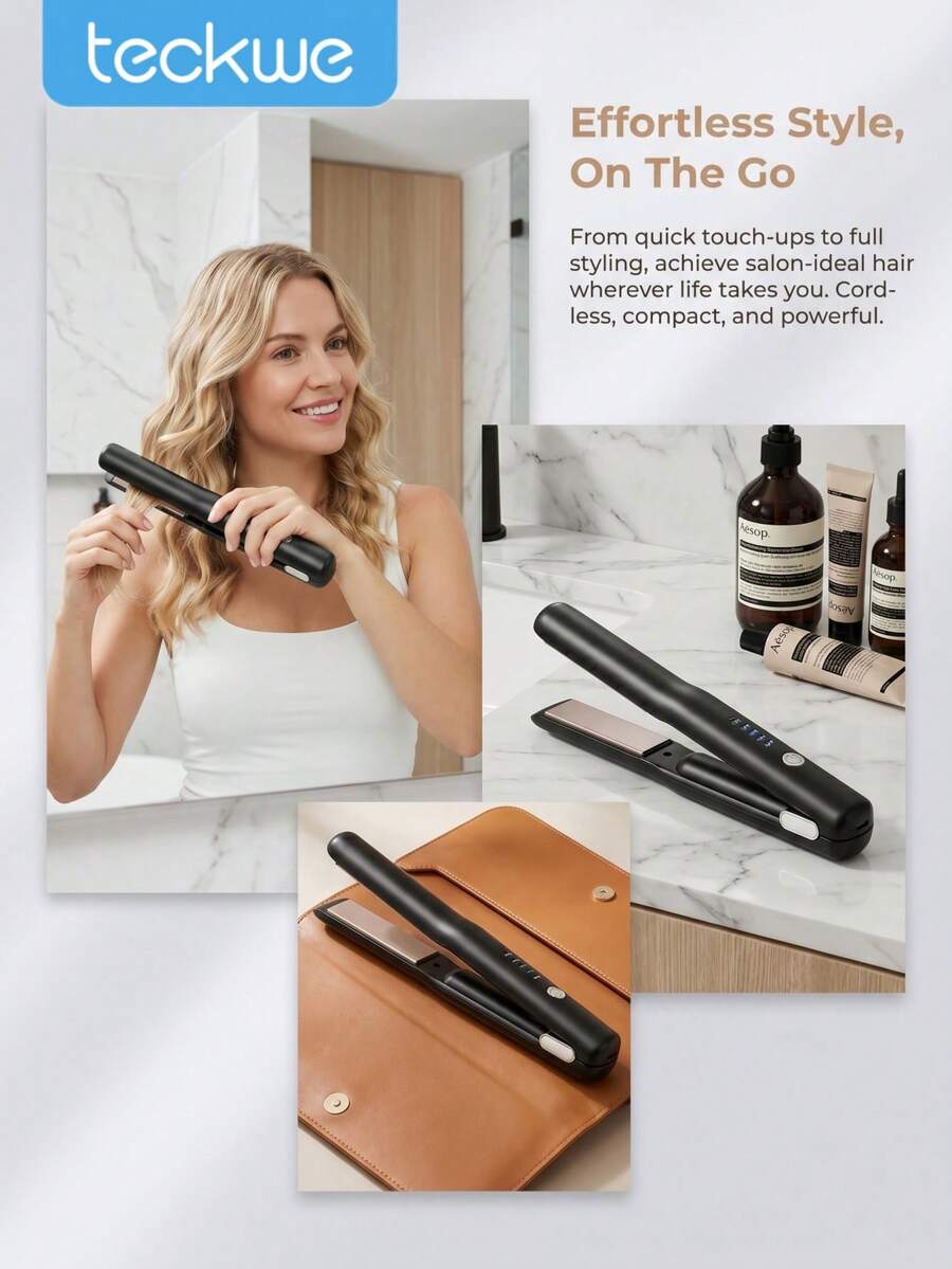 Teckwe 1PC Portable Cordless Hair Straightener, USB Rechargeable Ceramic Flat Iron With 4 Heat Settings, Compact Wireless Styling Tool For Travel, Home And Daily Use - Multicolor - View 1