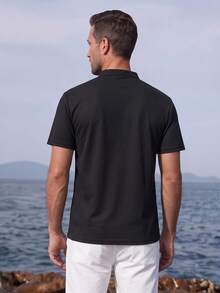 Officeau Men's Casual Solid Color Henley Neck Short Sleeve T-Shirt, Summer - Black - View 2