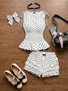 Skyraze Women's Boat Neck Sleeveless Bow Tie Polka Dot Waist Gathered Top And Shorts Sweet Two Pieces Set - White - View 4