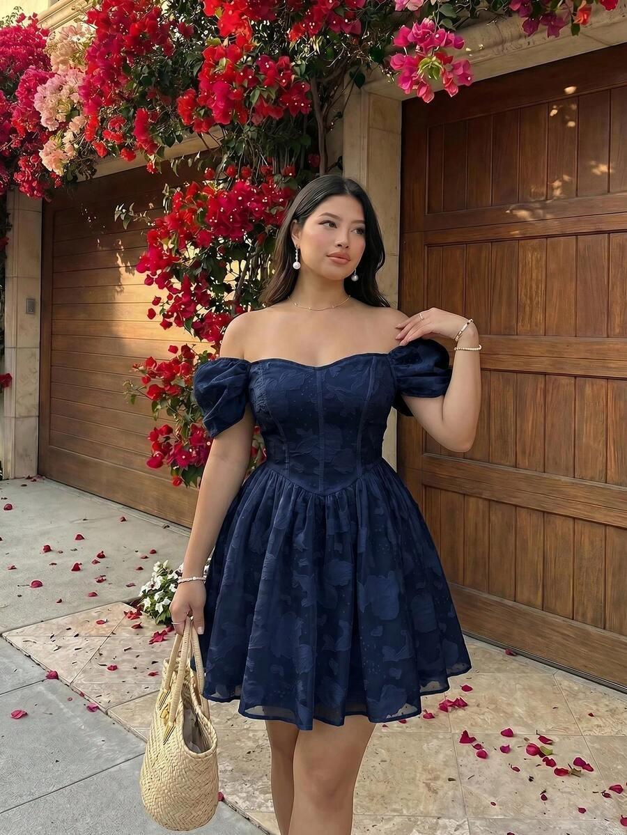 SHEIN MOD 大尺碼女款露肩抓皺修身收腰優雅派對洋裝 - 藏蓝色 - 查看 1